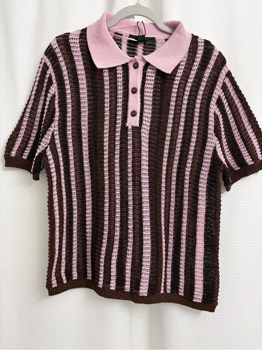 Zara Striped Crochet Polo Top in Pink and Brown/ Size Medium